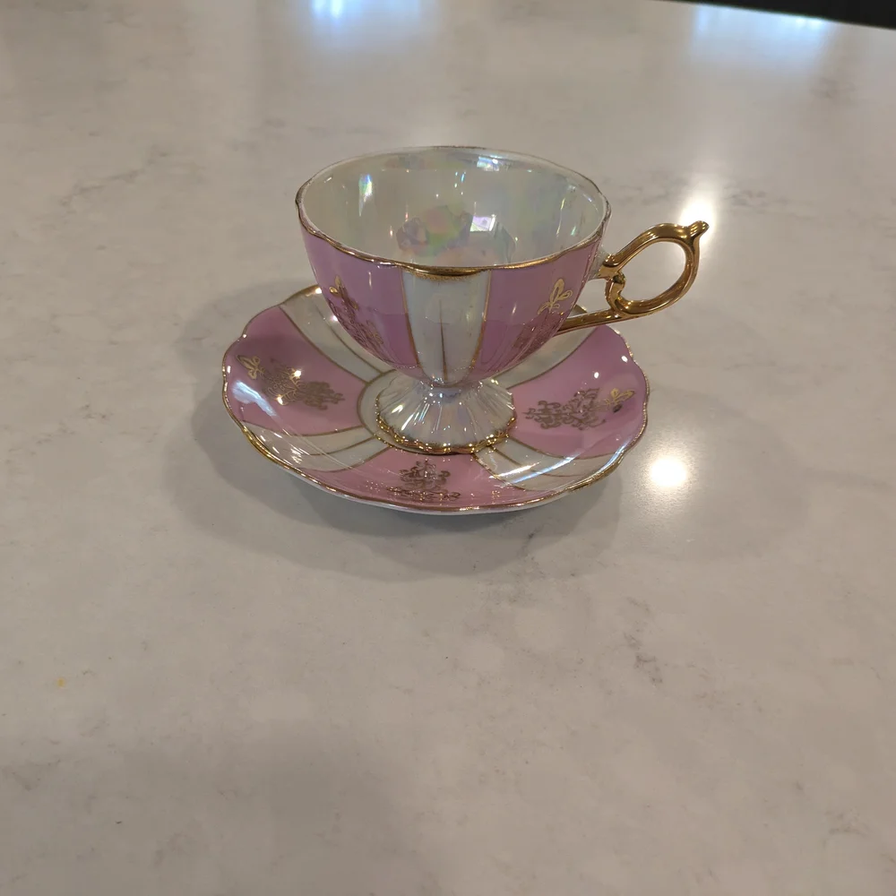 Elegant Pink and Gold Teacup and Saucer Set